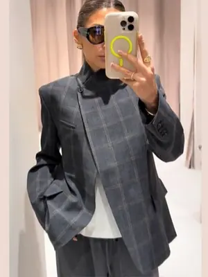 Image de Blazer Femme Carreaux Irregulars Col Montant