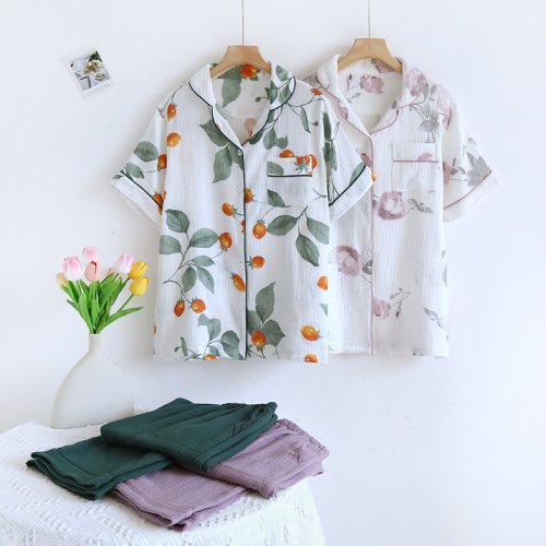 Immagine di Pigiama da Donna Estivo Giapponese in Cotone 100% - Set da Due Pezzi con Maglia a Maniche Corte e Pantaloni Lunghi, Stile Fresco e Comfortabile per la Casa