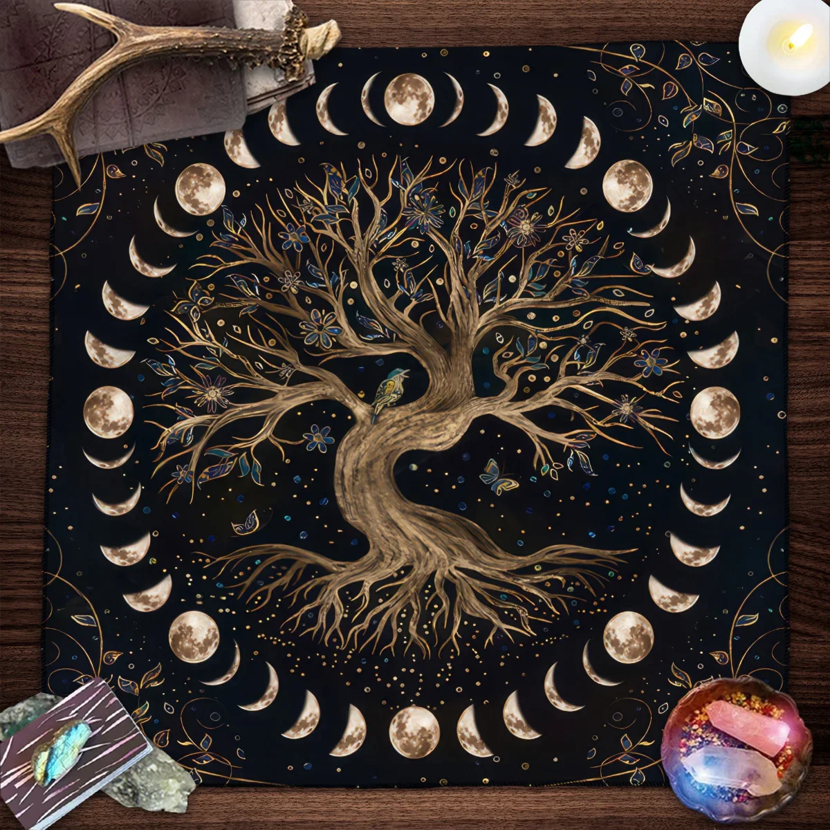 Image of Enchanted Tree of Life Tarot Tablecloth with Moon Phases and Botanical Design – Sacred Altar Cloth for Wicca, Witchcraft, Divination, and Spiritual Rituals