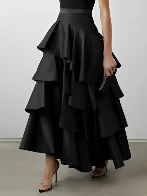 Image of Elegant High-Waisted Falbala A-Line Maxi Skirt for Women – Solid Color Spring Summer 2025 Party & Prom Fashion