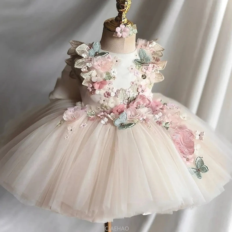 Image of Elegant Pink Floral Butterfly Tulle Dress for Girls – Perfect Flower Girl, First Christmas, Wedding Party Gown with Delicate Embellishments