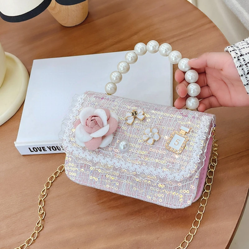 Immagine di Dolce e carino cartone animato principessa borsa a tracolla per bambini moda quadrata bella fiore borsa per bambini romanzo perla borse per bambini portatili