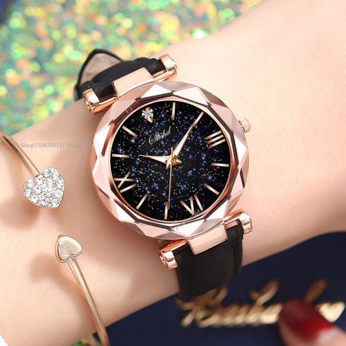 Imagen de Reloj de Pulsera para Mujer con Diamantes de Imitación Luminosos y Diseño de Cielo Estrellado, Correa de Cuero Romántico y Elegante