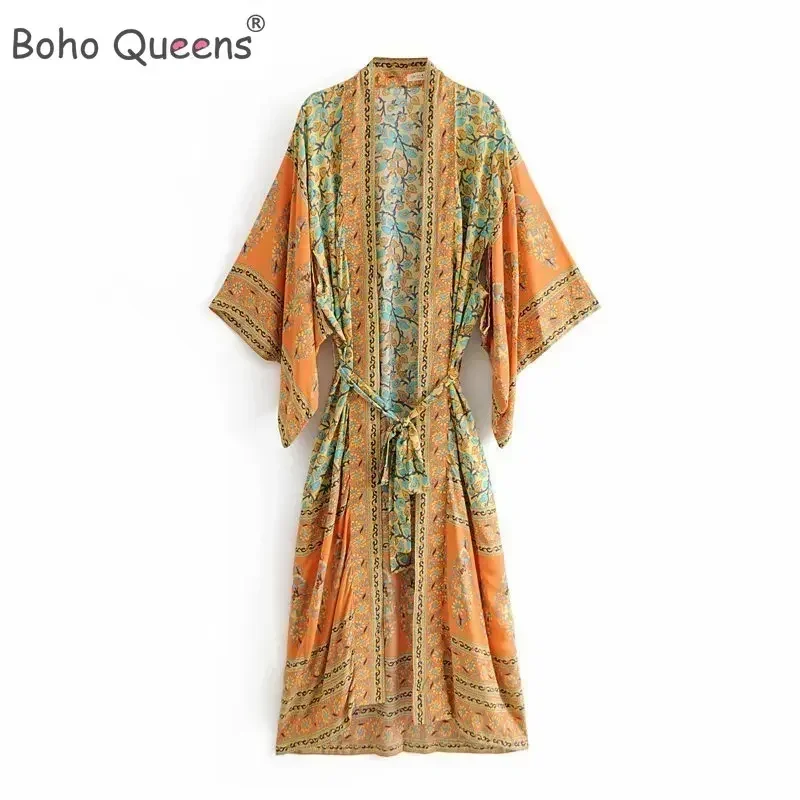 Immagine di Abito Boho Giallo con Stampa Floreale – Kimono Lungo Donna