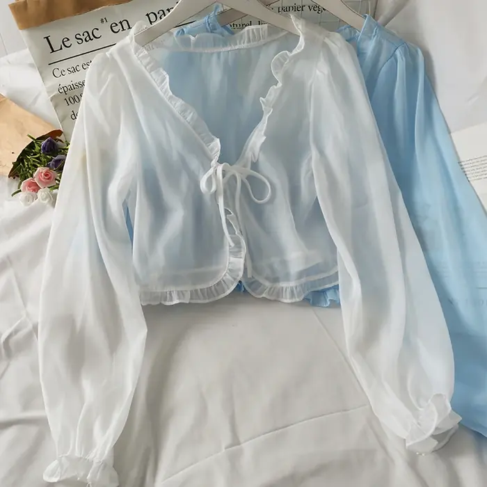 Image de Blouse Femme Dentelle à Nœud - Manches Longues Respirante