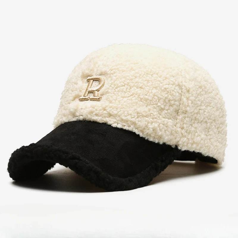 Imagen de Gorros de Invierno con Bordado de Letras Grandes para Hombre y Mujer, Gorra de Béisbol de Lana de Cordero en Blanco y Marrón, Gorros de Camionero de Felpa Cálidos 2024