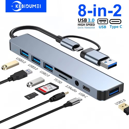Afbeelding van USB-C Hub met 8 Poorten, USB 3.0 Docking Station voor Laptop - Hoge Snelheid 5Gbps, OTG Adapter Type-C naar USB 3.0