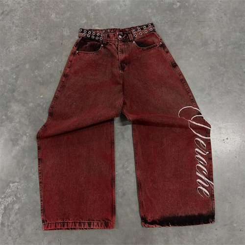 Image of Y2K-Inspired Red High-Waisted Wide-Leg Jeans with Vintage Letter Print and Rivet Waist Belt Design for Men and Women – Casual Hip Hop Streetwear Style