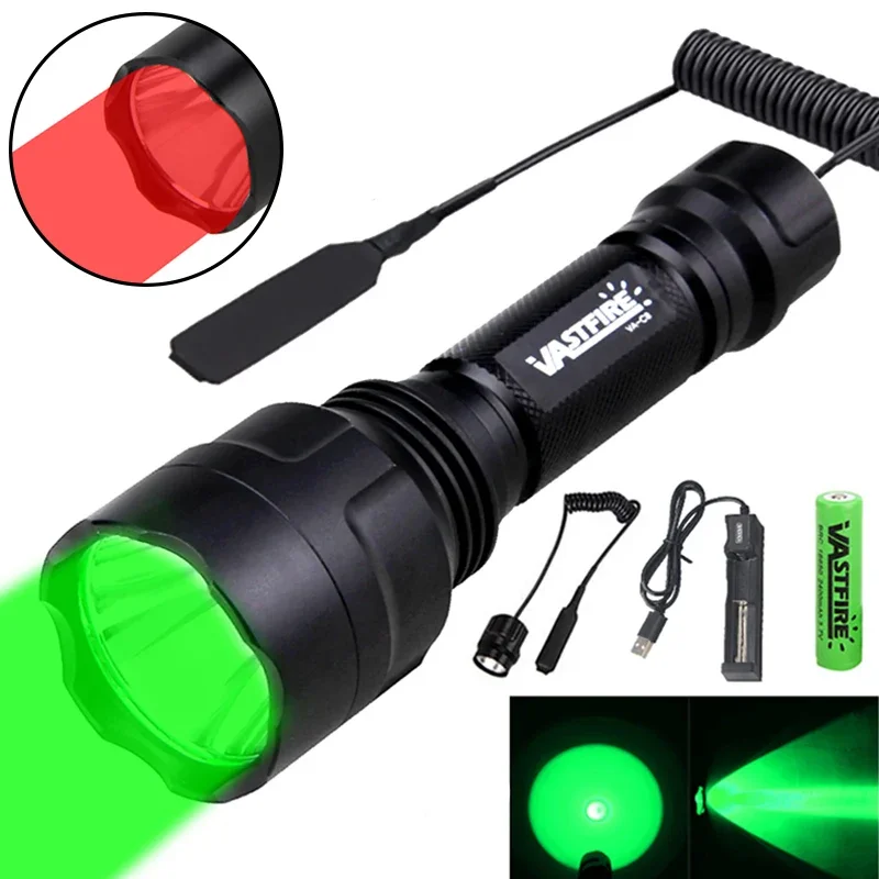 Immagine di Torcia Tattica da Caccia LED con Luci Verde, Rossa e Bianca, Ricaricabile via USB, 350 Lumen, Raggio di 600-800 Metri, Modello Gamma C8 - Set Completo di Luci per Scout e Tiro Sportivo
