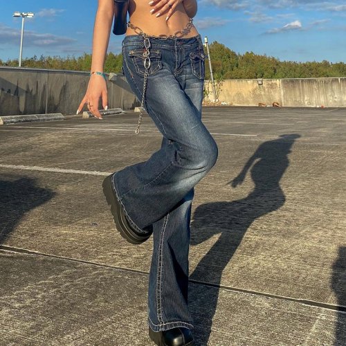 Imagen de Pantalones Vaqueros Harajuku Coreanos para Mujer: Estilo Y2K Grunge Vintage, Cintura Baja, Acampanados y Ajustados con Bolsillos – Moda Retro de los Años 2000