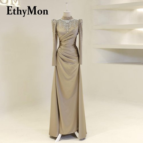 Image of Ethymon Modern Long Sleeves Mother of The Bride Dress Satin High Neck Rhinestones Mermaid Robe De Soiree Femme Customized