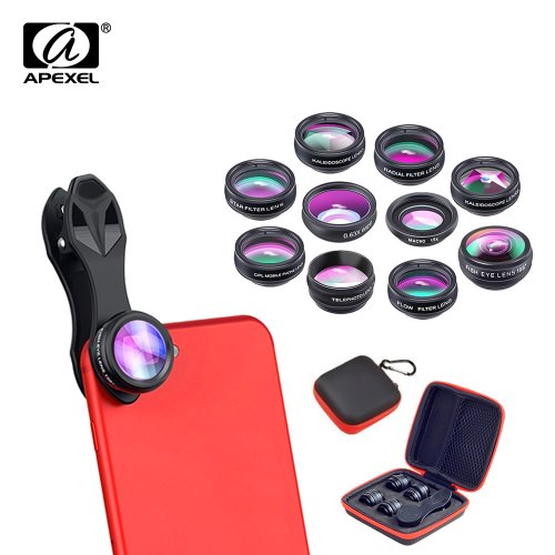 Afbeelding van Apexel 10-in-1 Telefooncamera Lenskit met Fisheye, Groothoek, Macro, Telelens, CPL Filter en Flowlens voor Smartphones