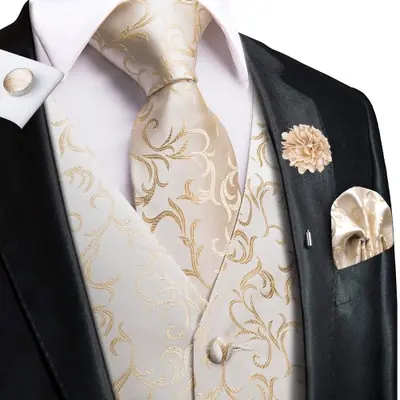 Image de Ensemble Gilet Homme Soie Jacquard - Cravate, Mouchoir, Boutons de Manchette & Broche