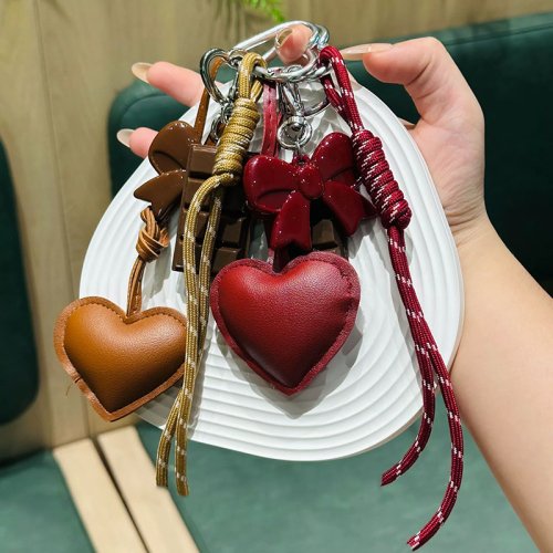 Image of Cute Kawaii Heart-Shaped Leather Keychain with Chocolate Pendant – Trendy Korean-Style Bag Accessory for Women and Teens
