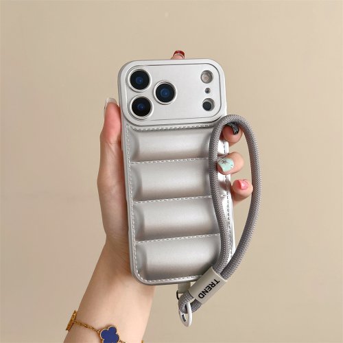 Zdjęcie Miękkie etui silikonowe typu kurtka puchowa na iPhone 17 16 15 14 13 12 11 Pro Max Plus, odporne na wstrząsy, z ochroną aparatu i paskiem na nadgarstek.