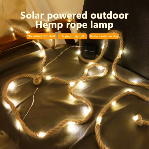 Bild von Solarbetriebene Vintage Hanf-Lichterkette mit Kupferdraht – 5m & 10m, 100/200 LEDs, 8 Beleuchtungsmodi, Ideal für Camping und Dekoration