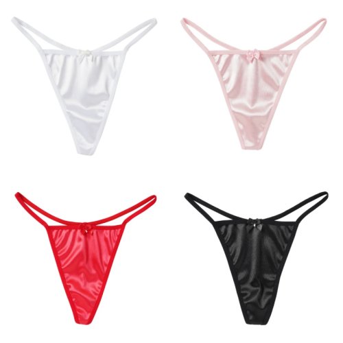 Imagen de Tanga de satén sin costuras para mujer, ropa interior Sexy con lazo de cintura baja, Tanga de un hilo, entrepierna de algodón puro, parte trasera en T, M-2XL