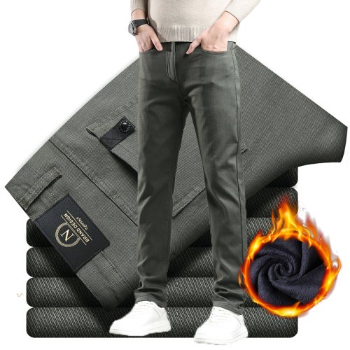Immagine di Pantaloni in Pile Uomo Inverno 2025 - Modello Sottile, Elastico e Caldo, Stile Business Casual, Colore Solido, Tessuto Velluto Morbido e Accogliente