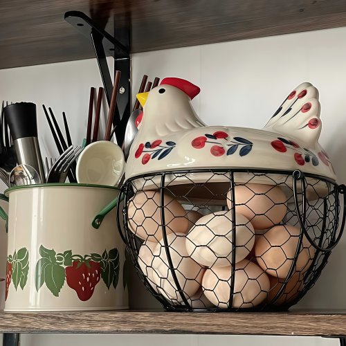 Zdjęcie 1 szt. Ceramiczny koszyk na jajka w kształcie kury w stylu farmhouse - ceramiczny pojemnik na jajka z pokrywką, rustykalny organizer kuchenny na owoce/warzywa