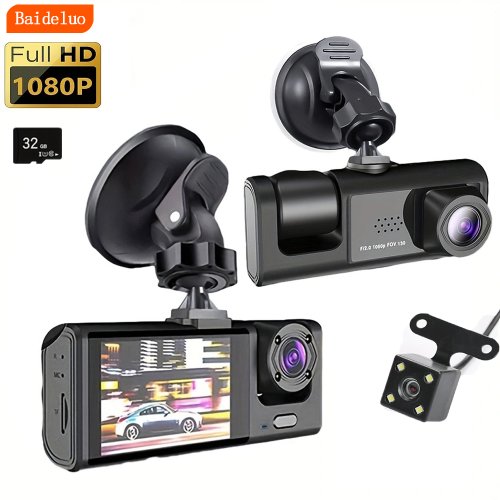 Dash Cam 1080p con Registrazione in Loop, Visione Notturna IR, Schermo IPS da 2 Pollici e 3 Telecamere – Registratore DVR per Veicoli