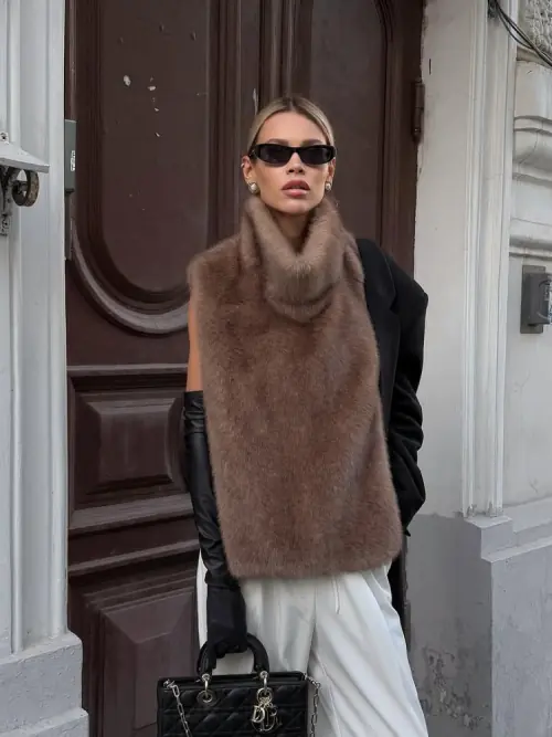 Image de Manteau Fausse Fourrure Marron Femme - Style Décontracté & Chaud