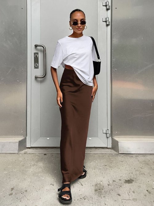 Bild von Eleganter Schwarzer Satin-Trompetenrock mit Hoher Taille – Modischer, Figurformender Langrock für Damen im Büro und Freizeit, Frühling & Sommer