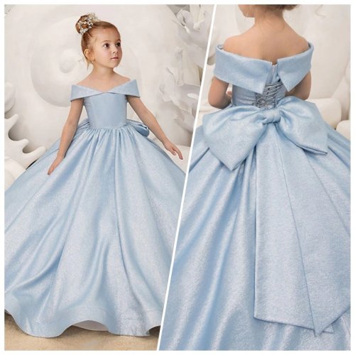 Afbeelding van Off-shoulder lange bloemenmeisjesjurken Elegante strik Prinses Satijnen baljurk voor kinderverjaardagsfeestje Eerste communiejurk