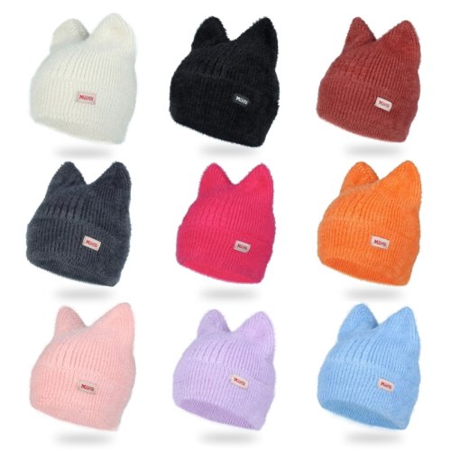 Zdjęcie Czapka zimowa ciepła dziergana słodka ozdoba na głowę kocie uszy szydełkowa czapka beanie wiatroodporna anty-zimna damska ochrona uszu do biegania na narty
