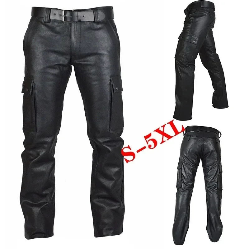 Immagine di Pantaloni da Trekking Cargo Impermeabili Uomo in Ecopelle Opaca, Pantaloni da Esterno in PU Nero, Modello Tattico Militare con Tasche Multifunzione