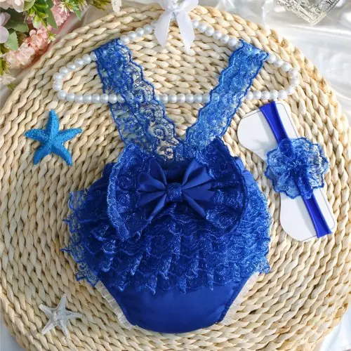 Image de Tenue Photo Bébé Dentelle & Nœud Papillon Bleu