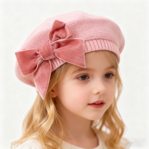 Image of Cozy Winter Knit Hat with Bowknot Design for Baby Girls – Soft, Warm, and Stylish Beret Beanie for Kids Ages 3-12 Years