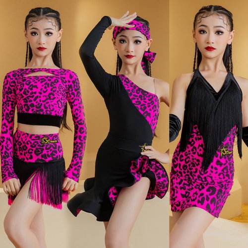 Immagine di Vestito da Ballo Latino Neon Rosa con Frange per Ragazze