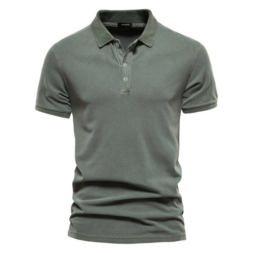 Zdjęcie Męskie koszulki polo z bawełny jednokolorowe, krótki rękaw, styl casual i streetwear – elegancka i wygodna odzież męska