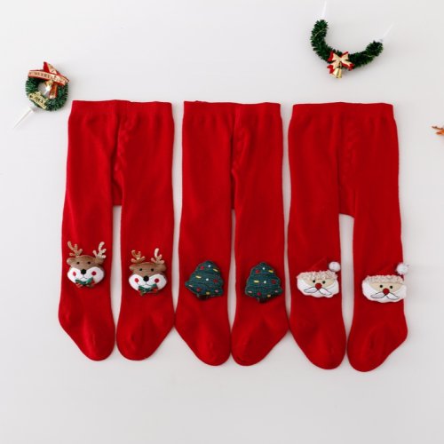 Bild von Weihnachtliche Strickstrumpfhosen für Neugeborene Mädchen – Rot, Weiß und Gold mit Santa Claus, Elch und Tannenbaum Motiven aus Baumwolle