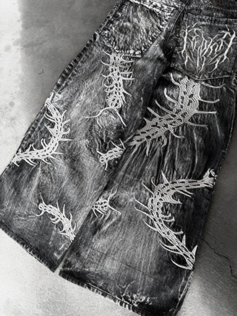 Imagen de Pantalones anchos de estilo Y2K con bordado de ciempiés retro, lavados, de corte largo y diseño gótico urbano Harajuku para hombre y mujer