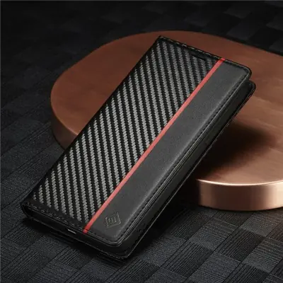 Image de Étui Portefeuille pour iPhone en Cuir PU & Fibre de Carbone