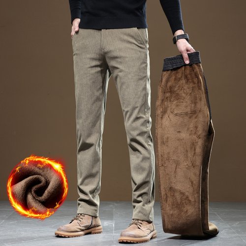 Image of 2024 Men's Winter Fleece-Lined Corduroy Pants – Slim Fit, Stretchable, Thick Warm Casual Trousers in Gray and Khaki for Business and Everyday Wear