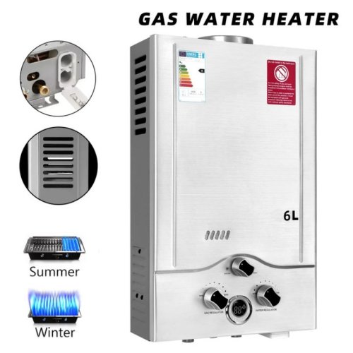 Scaldabagno a Gas GPL da 16 kW con Produzione Acqua Calda Continua 6-8 Litri al Minuto, Caldaia Senza Serbatoio in Acciaio Inox con Kit Doccia per Campeggio e Uso Domestico