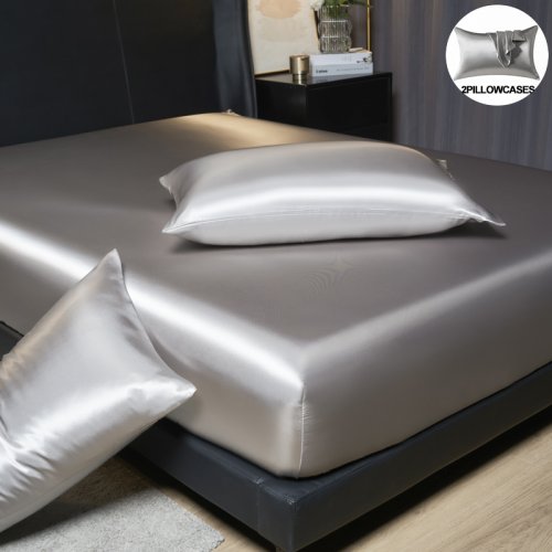 Immagine di Set lenzuola con angoli in raso di lusso: altezza 35 cm, dimensioni king/queen, include 2 federe, eleganza senza tempo per dispernare il sonno