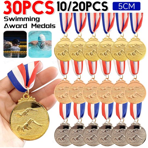 Bild von 10er Set Schwimmmedaillen mit Halsband – Gold, Silber, Bronze für Wettkämpfe und Turniere, 5 cm Metallmedaillen für Kinder und Erwachsene