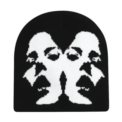 Image de Bonnet Y2K Hip Hop - Motif Visage, Tricoté Chaud, Style Urbain