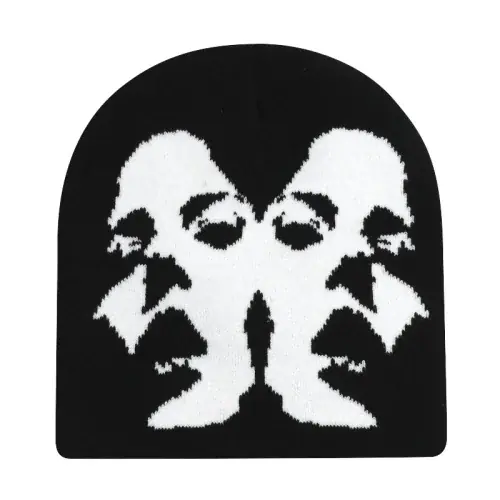 Image de Bonnet Y2K Hip Hop - Motif Visage, Tricoté Chaud, Style Urbain