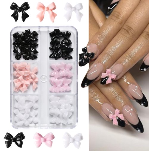 Afbeelding van Schattige Nagelcharmes met Strikken – Roze, Wit & Zwart