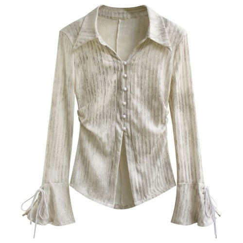 Immagine di Camicia Donna con Maniche Svasate in Stile Francese Retro Chic – Elegante Top Femminile per Primavera e Autunno