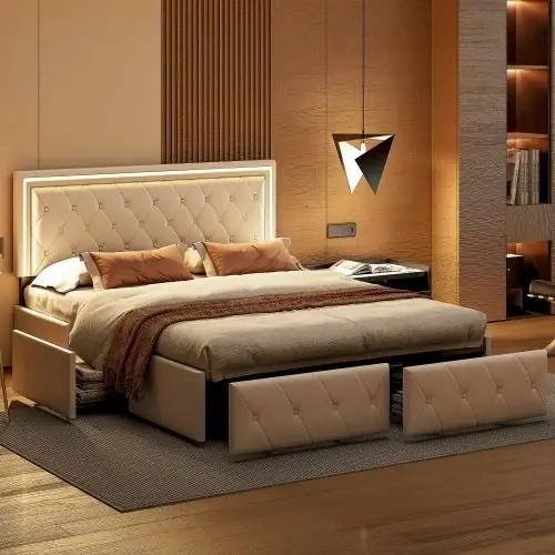 Image de Lit Double Design en Simili-Cuir avec Tiroirs - Rangement Intégré