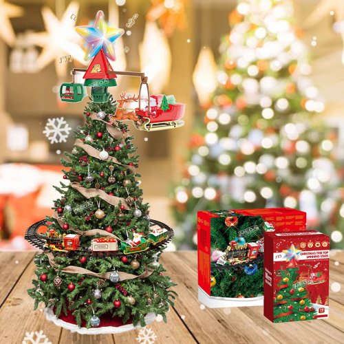 Image of Battery Operated Railway Train with Sound&Light Electric Christmas Tree Top Star X'mas Tree Decoratiive Track Toys for Kids ﻿