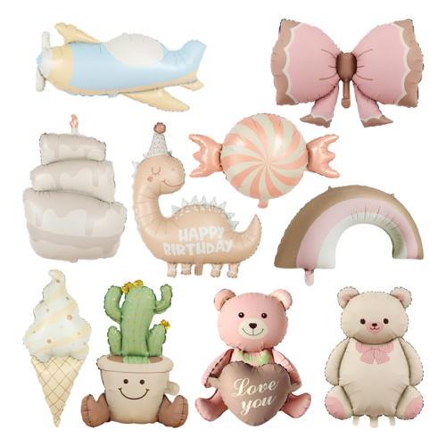 Zdjęcie Śliczny Matowy Tęczowy Balon Folowy w kształcie Niedźwiedzia z Ciastem – Idealna Dekoracja na Urodziny Dzieci i Dorosłych, Kreskówkowy Motyw z Kokardką, Cukierki i Lody