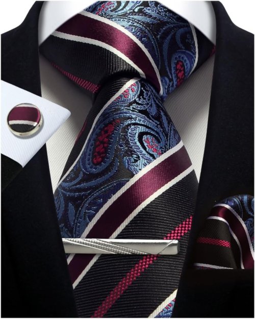 Imagen de Conjunto de corbatas para hombre, corbata Floral de Paisley plateada de seda y gemelos cuadrados de ...