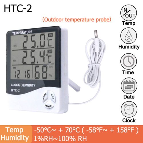 Bild von Digitales LCD-Thermometer-Hygrometer mit Innen- und Außensensor – Präzises Wetterstation-Gerät mit Uhrfunktion für Zuhause und Garten