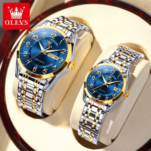 Image of Elegant Couple Quartz Watches with Night Light, Waterproof Design, Date and Day Display – Luxury Gift for Him and Her